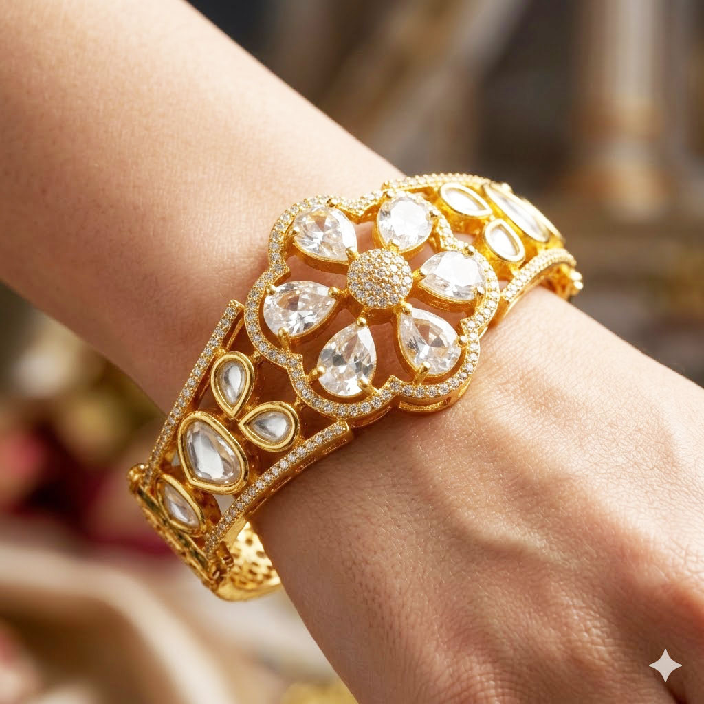 elegant floral cluster moissanite statement kada by Malini elegant floral cluster moissanite statement kada by Malini