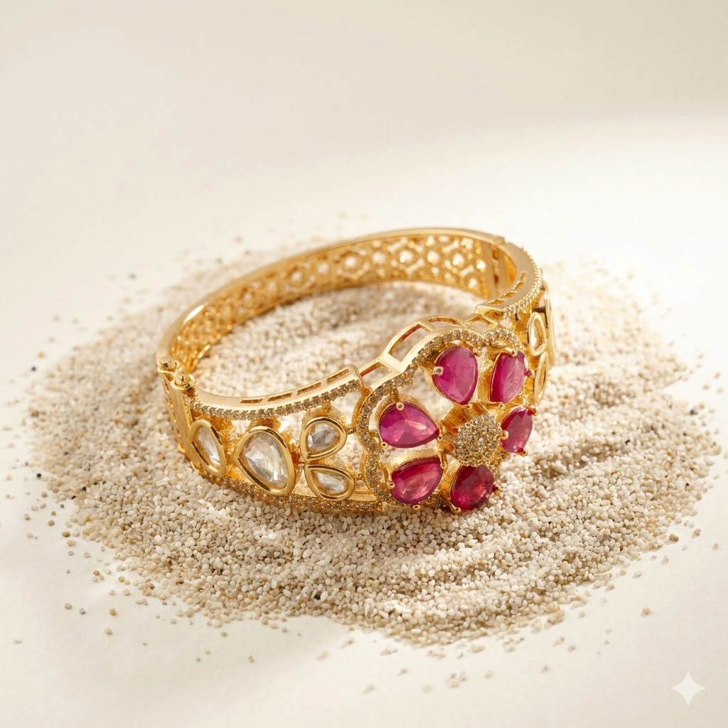 elegant floral cluster moissanite statement kada by Malini elegant floral cluster moissanite statement kada by Malini