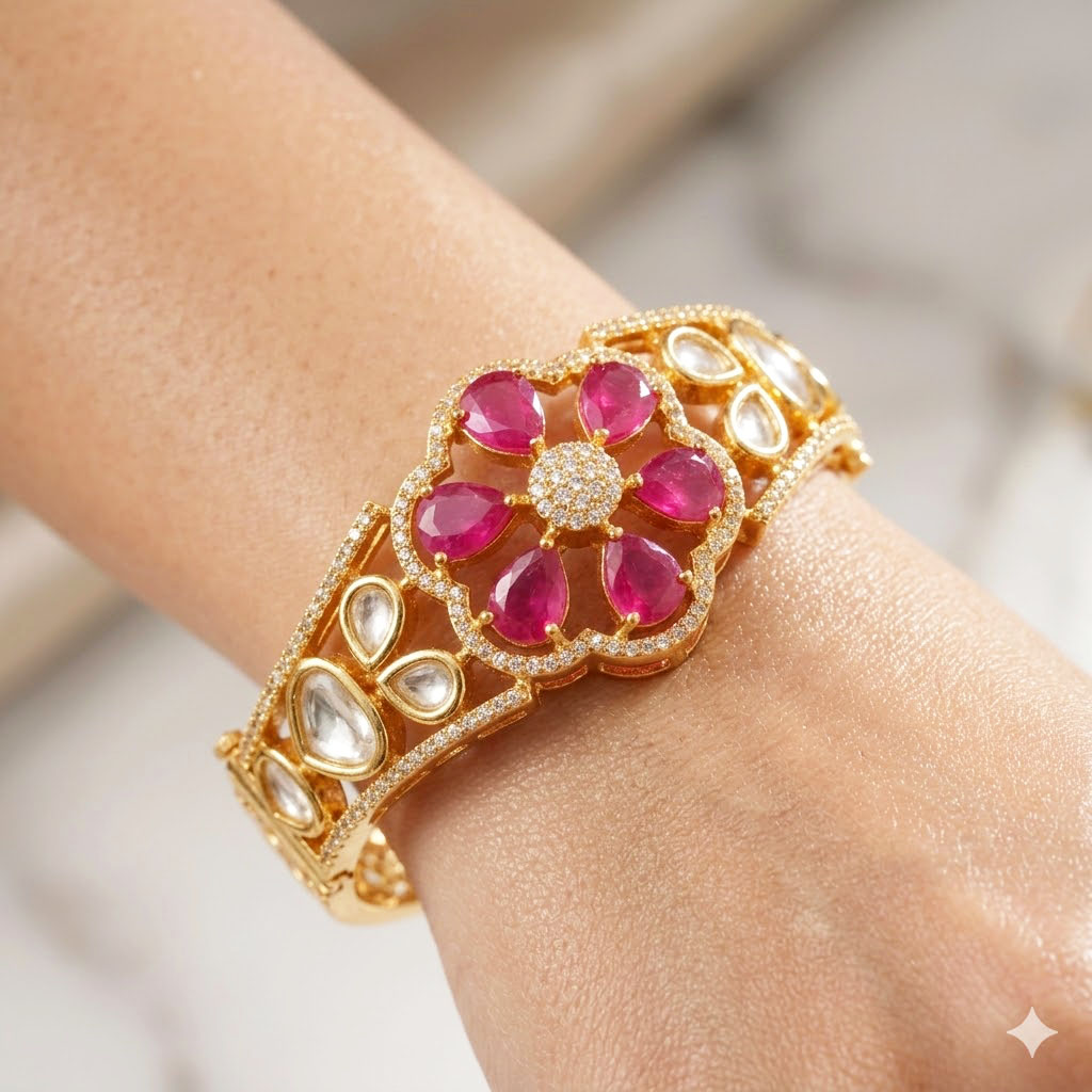 elegant floral cluster moissanite statement kada by Malini elegant floral cluster moissanite statement kada by Malini