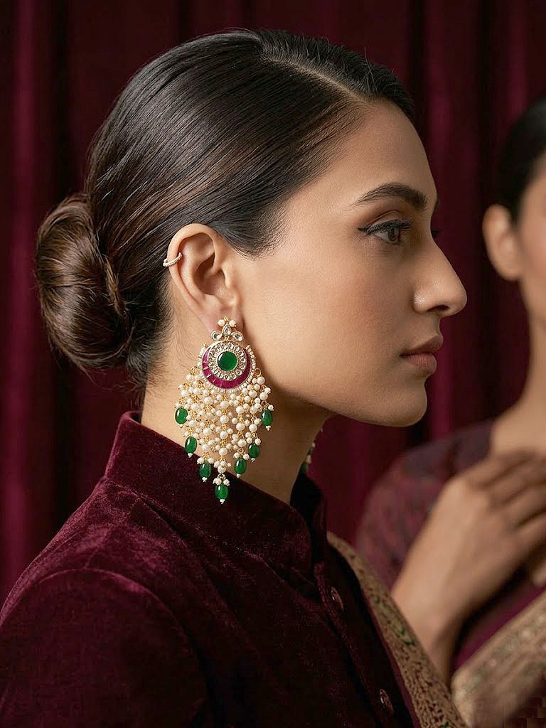 royal heritage green and ruby chandbali earrings