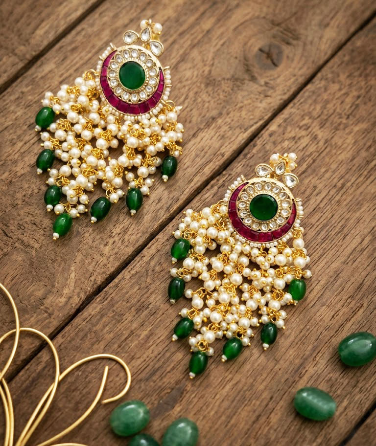 royal heritage green and ruby chandbali earrings