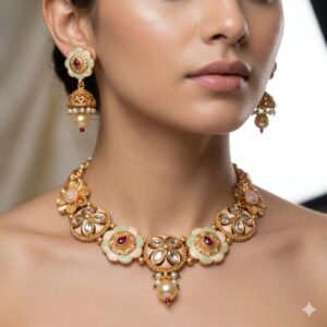 Home vibrant floral minakari & kundan handcrafted choker set with jhumka earrings