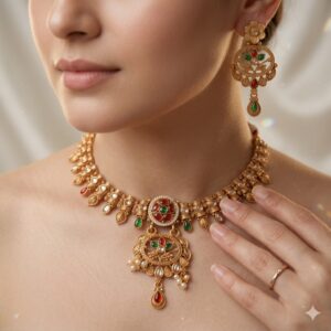 Home antique gold plated meenakari & kemp stone necklace set