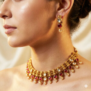 Home antique gold plated traditional choker set with ruby cabochons and kundan accents