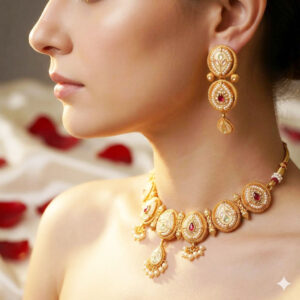 elegant gold plated meenakari & pearl choker set with maang tikka