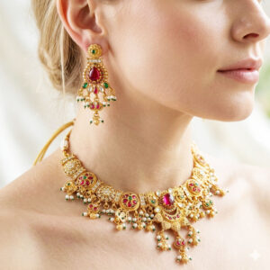 traditional kundan style choker necklace set with ruby and emerald accents