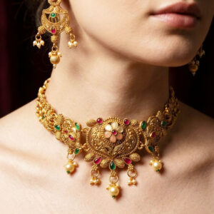 traditional antique gold plated minakari choker set with pearl droplets