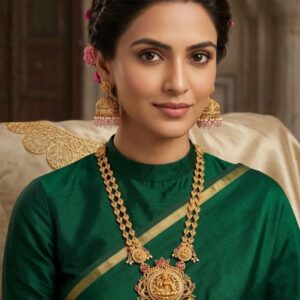 Divine Temple Goddess Motif Antique Gold-Finish Necklace and Jhumka Set- LN 50