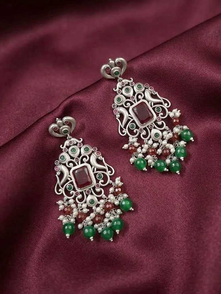 Royal Traditional Silver-Tone Kundan Drop Earrings MJE-92