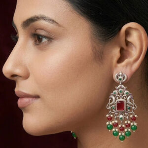 Royal Traditional Silver-Tone Kundan Drop Earrings MJE-92