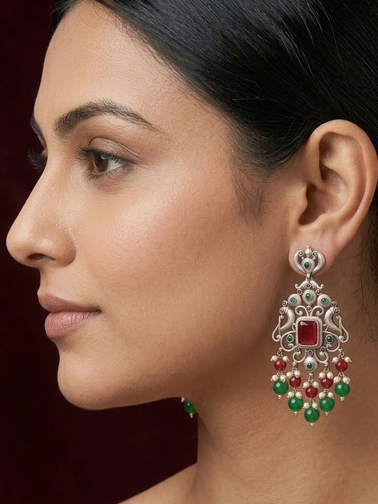 Royal Traditional Silver-Tone Kundan Drop Earrings MJE-92