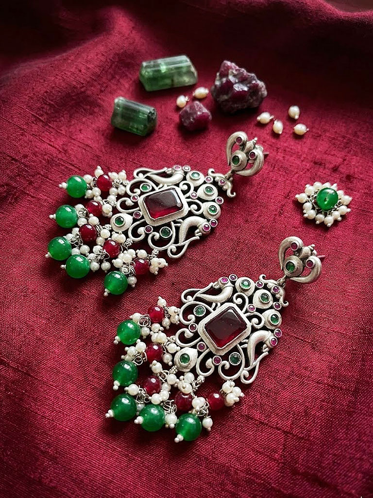 Royal Traditional Silver-Tone Kundan Drop Earrings MJE-92