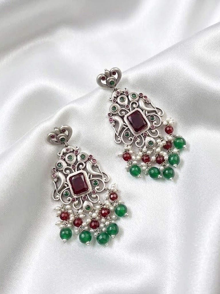 Royal Traditional Silver-Tone Kundan Drop Earrings MJE-92