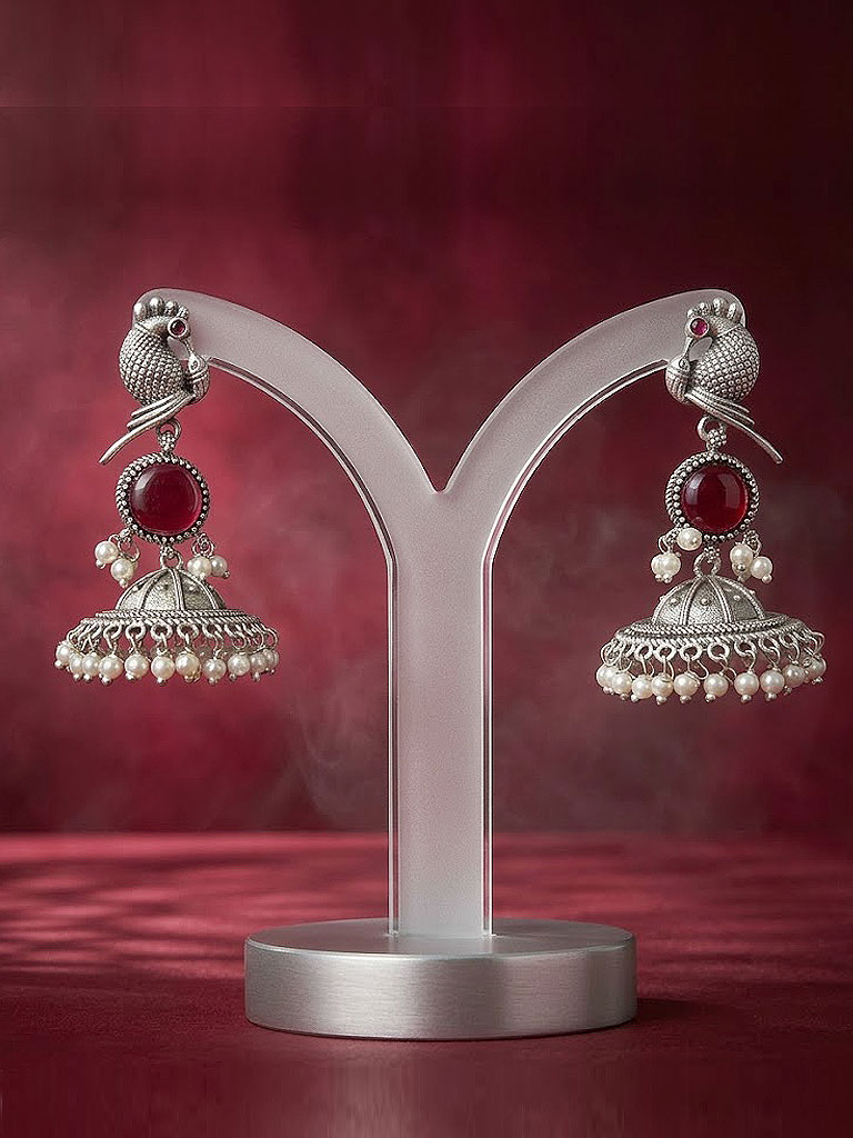 royal peacock motif oxidized jhumkas