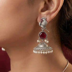royal peacock motif oxidized jhumkas