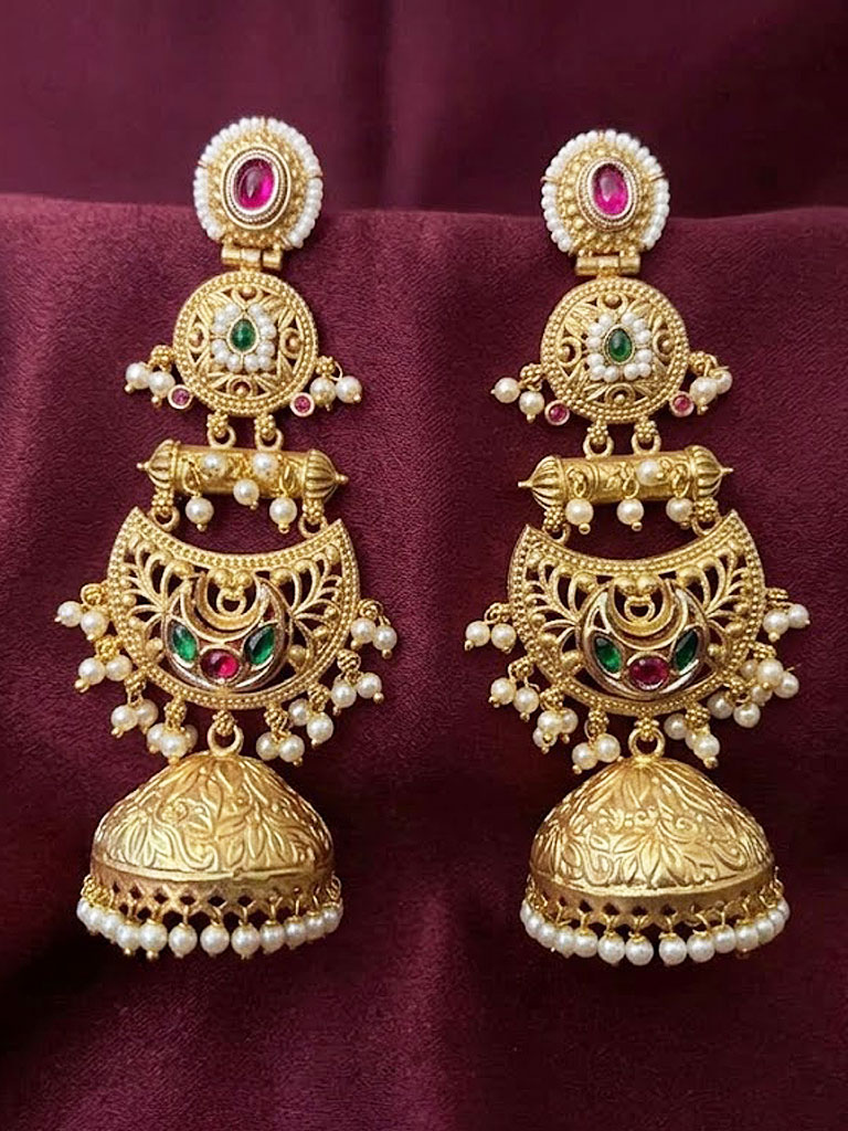 traditional multi tiered gold plated jhumka earrings