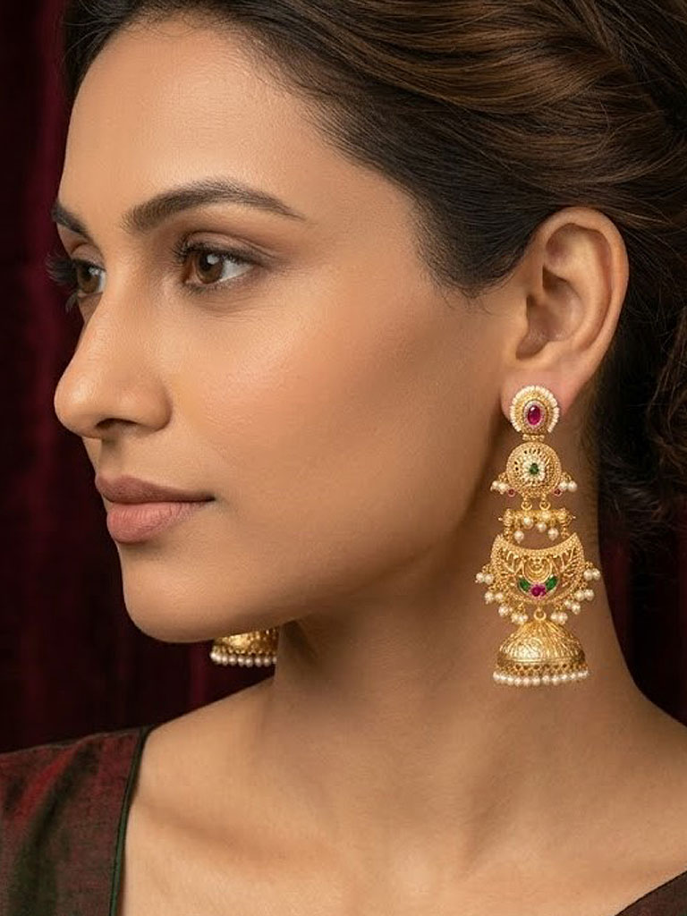 traditional multi tiered gold plated jhumka earrings