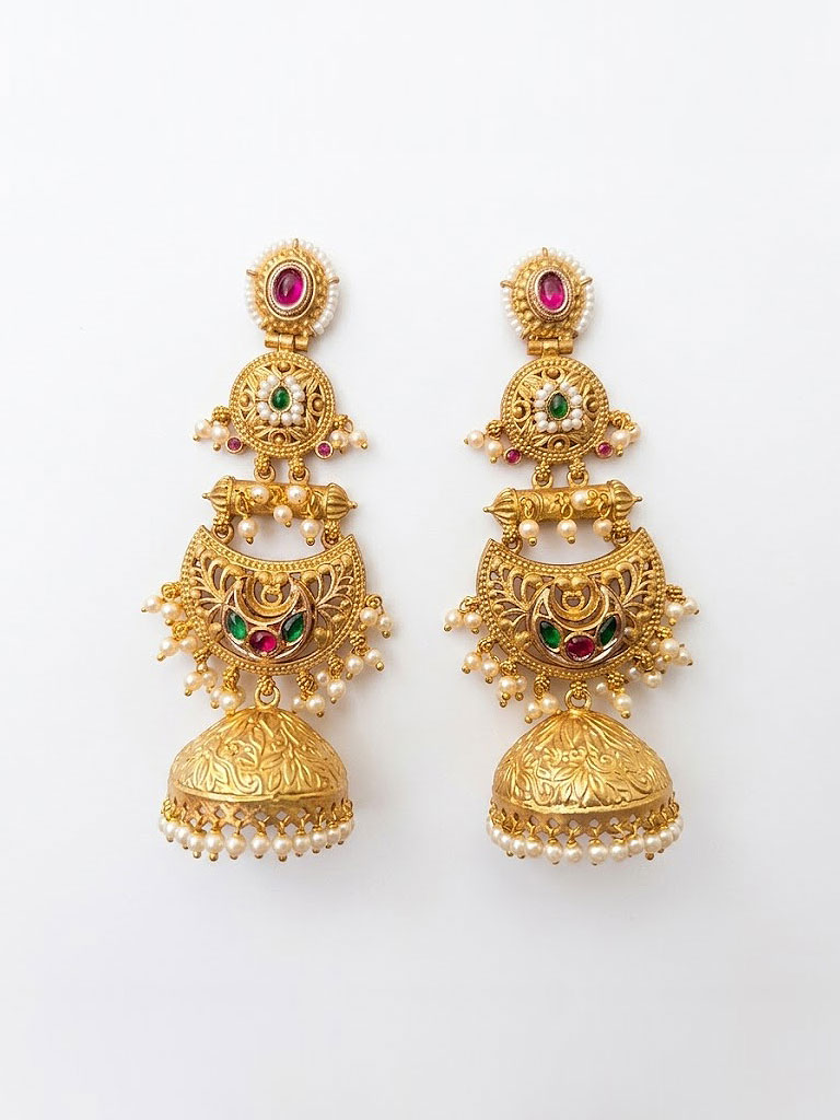 traditional multi tiered gold plated jhumka earrings