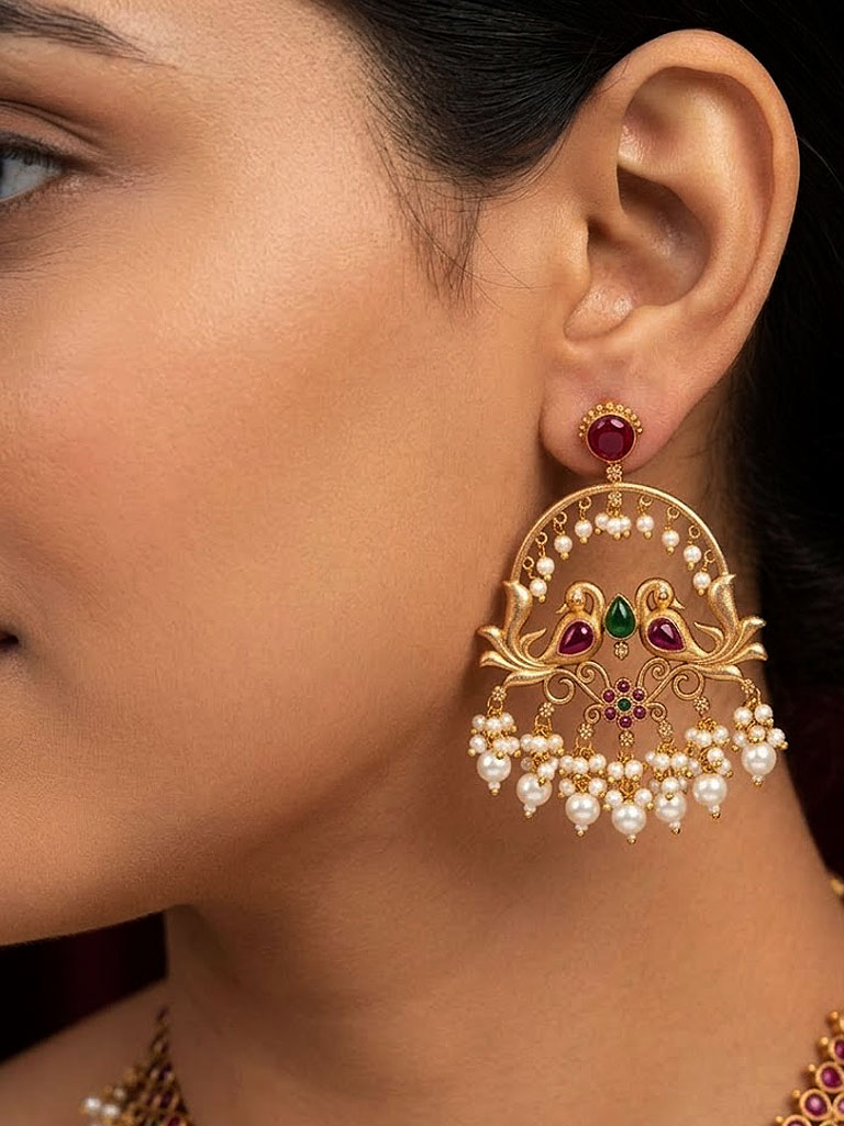 royal peacock motif pearl drop earrings