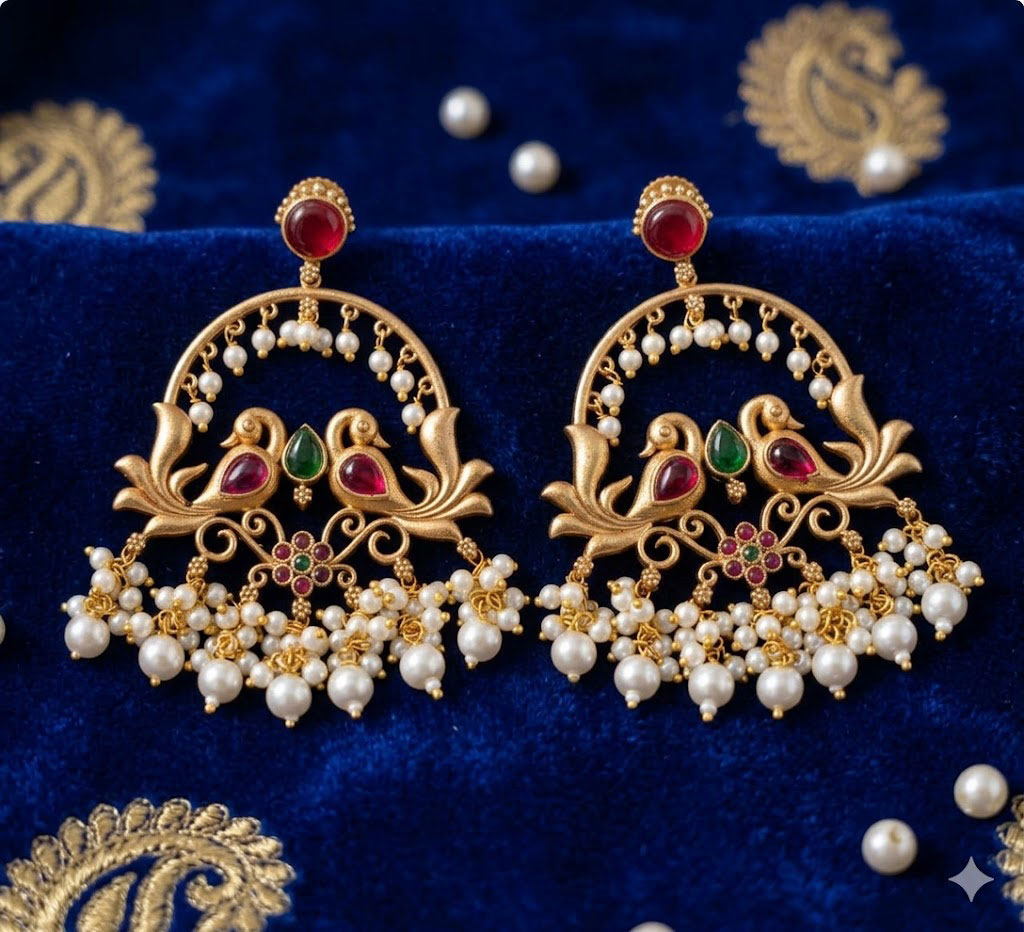 royal peacock motif pearl drop earrings