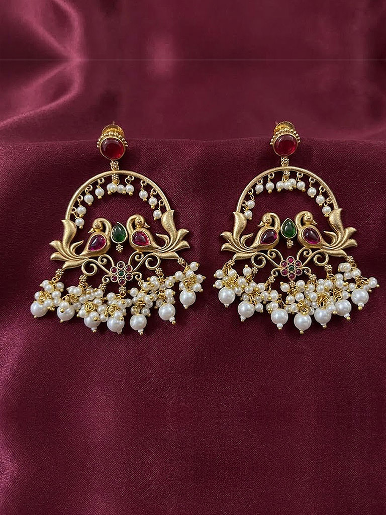 royal peacock motif pearl drop earrings