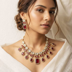 royal rose tinted ethnic statement necklace set