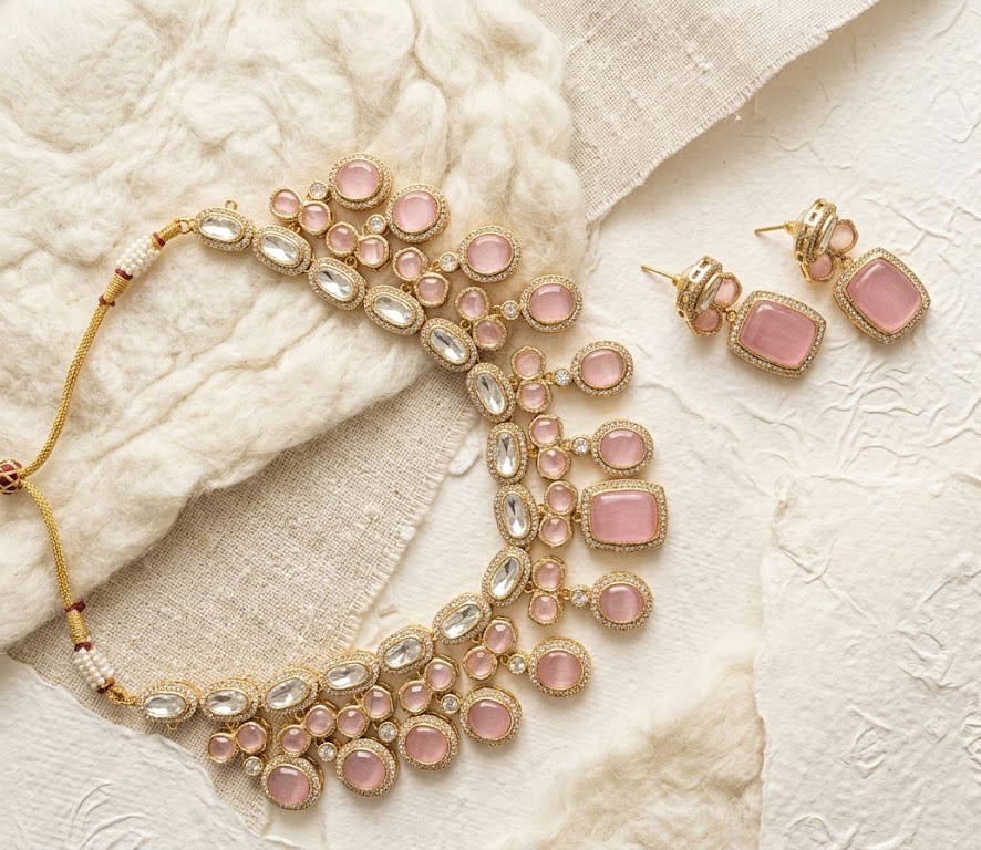royal rose tinted ethnic statement necklace set