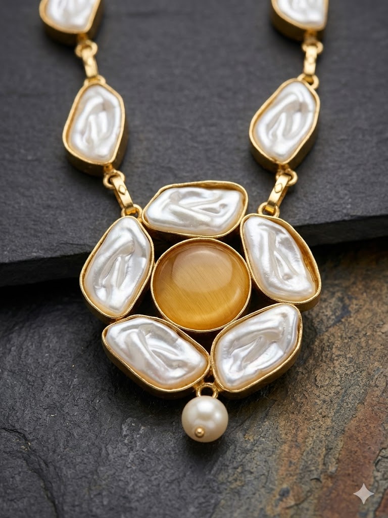 traditional stone and pearl statement necklace set