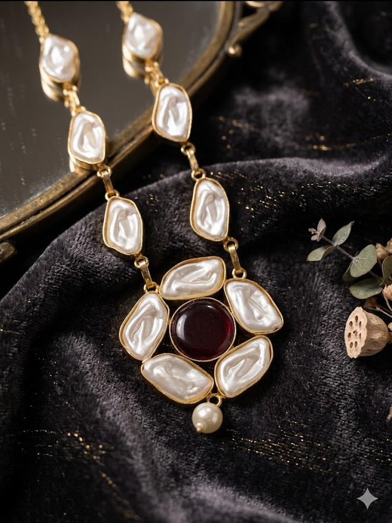 traditional stone and pearl statement necklace set