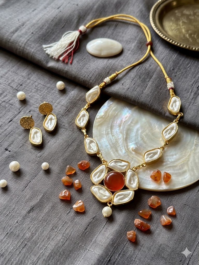 traditional stone and pearl statement necklace set