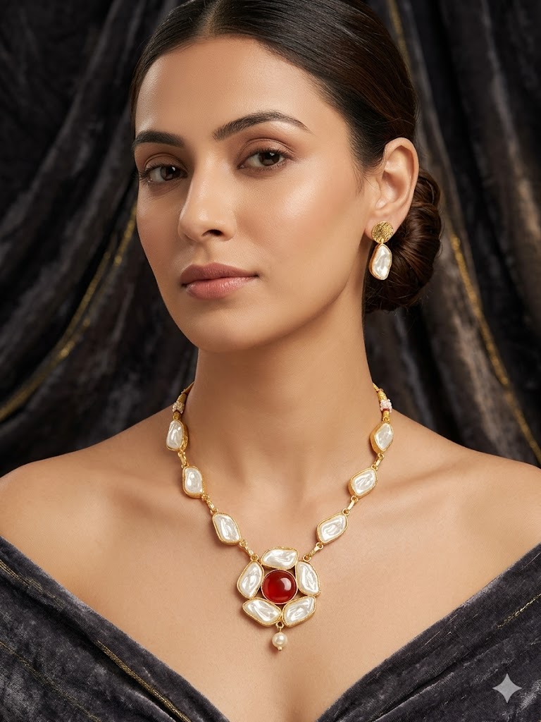 traditional stone and pearl statement necklace set