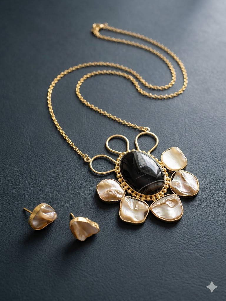Onyx and Mother of Pearl Floral Pendant Set -MN 63