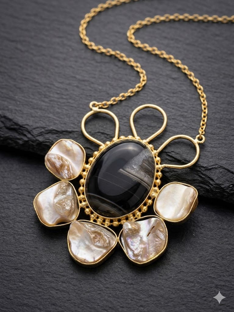 Onyx and Mother of Pearl Floral Pendant Set -MN 63