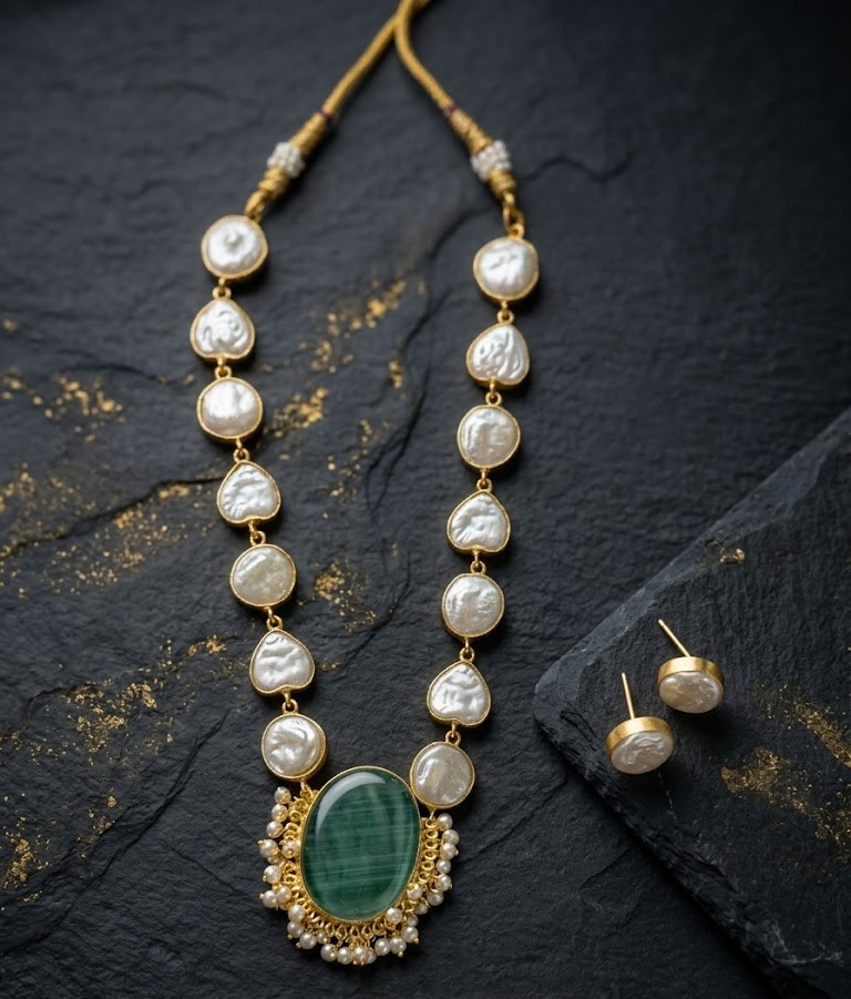 elegant stone & baroque pearl beaded necklace set