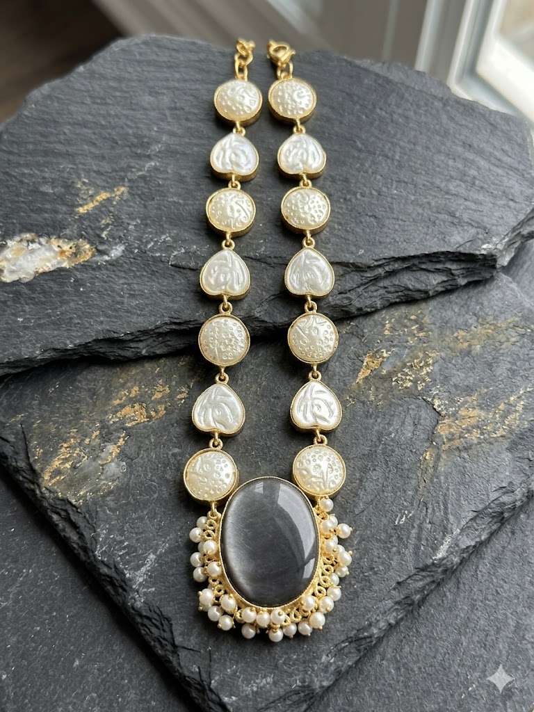 elegant stone & baroque pearl beaded necklace set