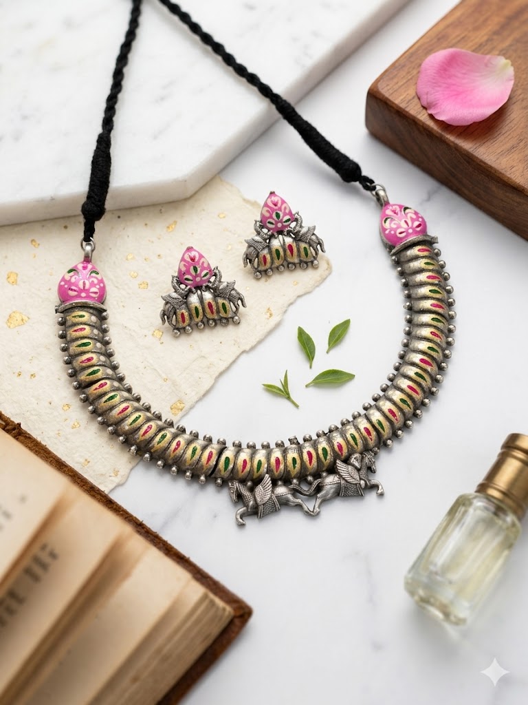 Heritage Elephant Motif Oxidized Silver Necklace Set MN 71