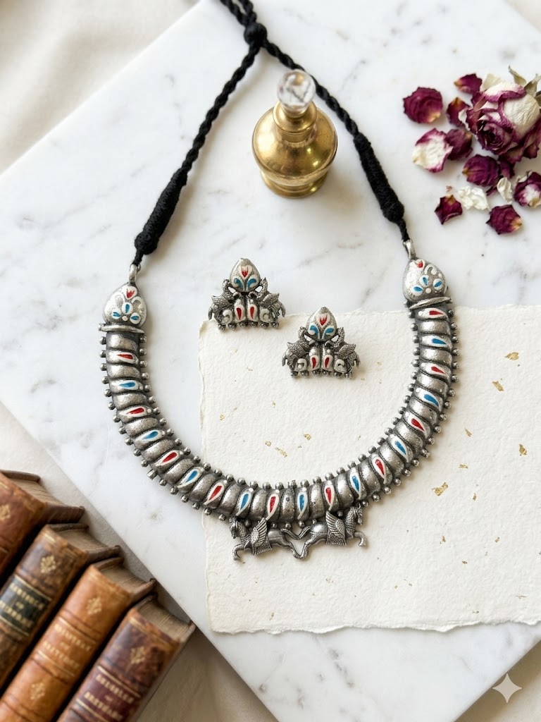 Heritage Elephant Motif Oxidized Silver Necklace Set - Image 5