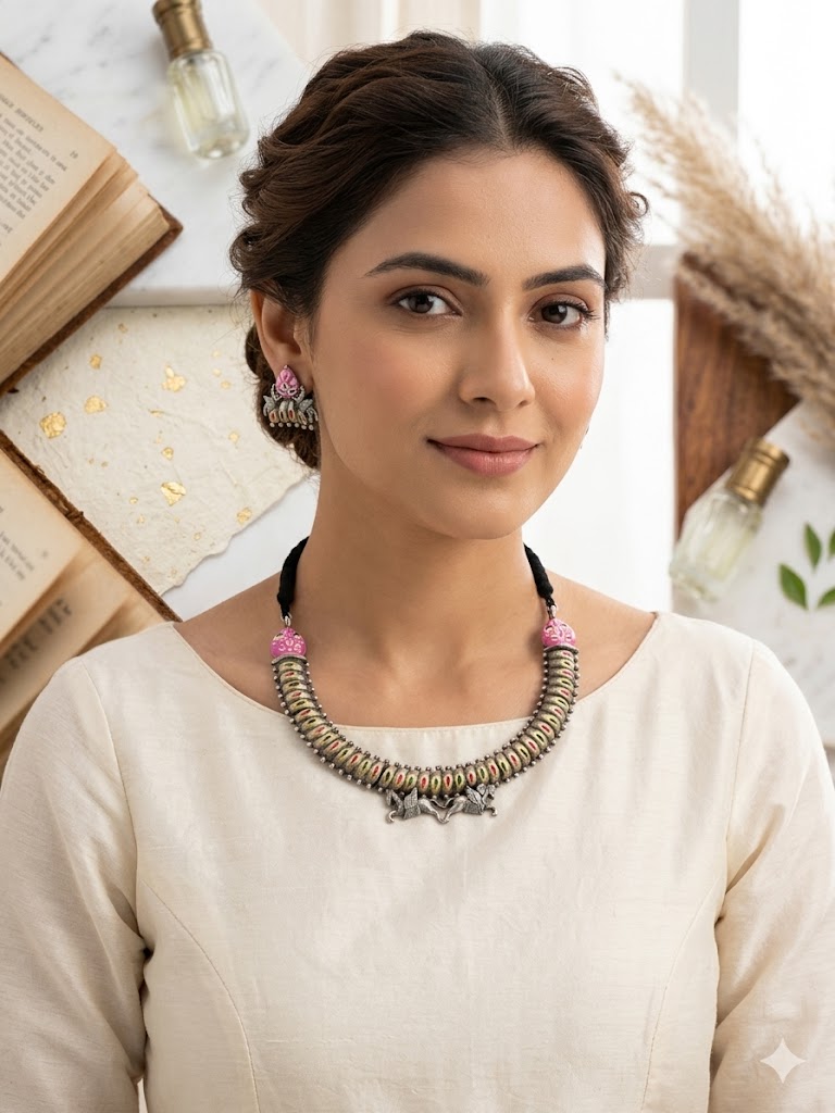 Heritage Elephant Motif Oxidized Silver Necklace Set MN 71