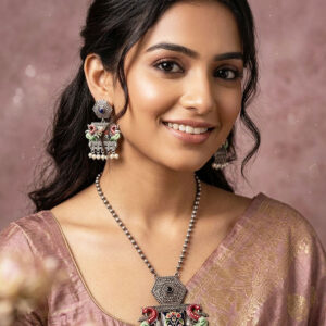 Floral Minakari Oxidized Silver Necklace and Earring Set MN 72