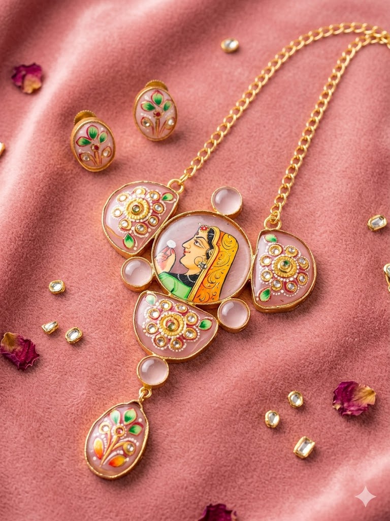 Royal Mughal Portrait Hand-Painted Necklace Set MN 82