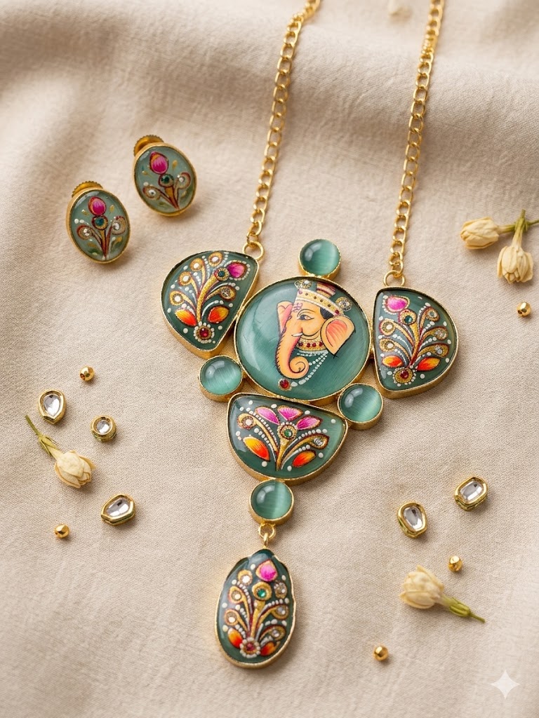 Royal Mughal Portrait Hand-Painted Necklace Set MN 82