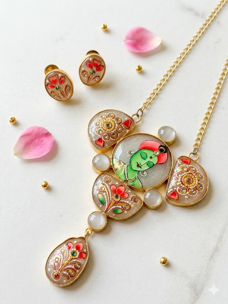 Royal Mughal Portrait Hand-Painted Necklace Set MN 82