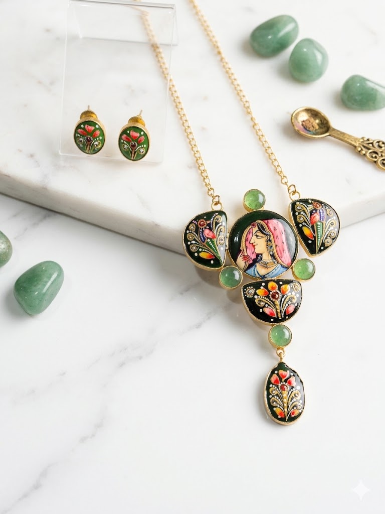 Royal Mughal Portrait Hand-Painted Necklace Set MN 82