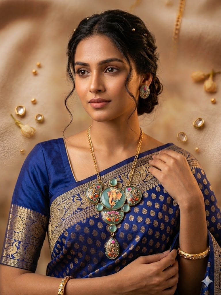 Royal Mughal Portrait Hand-Painted Necklace Set MN 82
