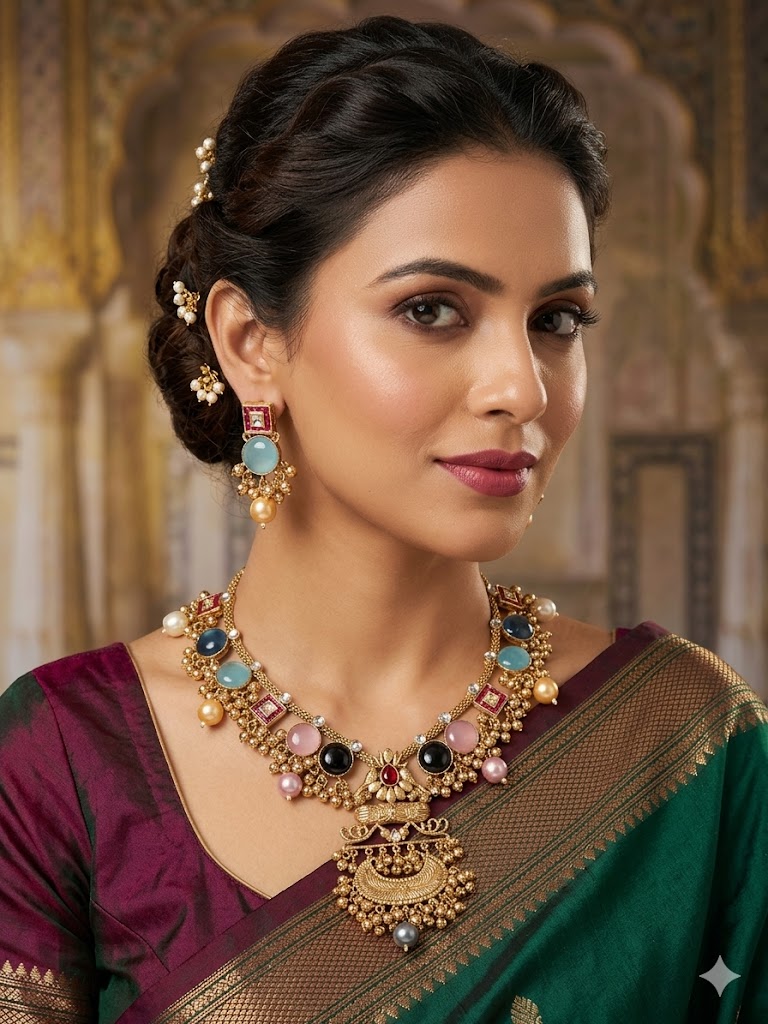 Navratna-Inspired Multistone Ethnic Necklace Set MN 83