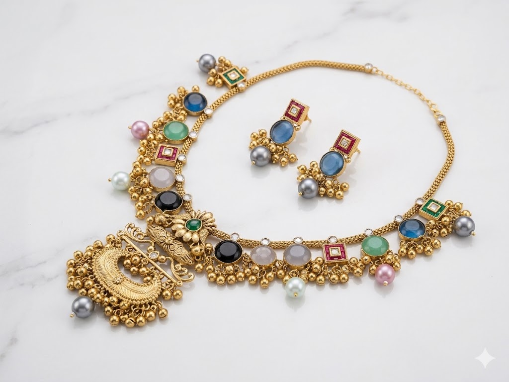 Navratna-Inspired Multistone Ethnic Necklace Set MN 83
