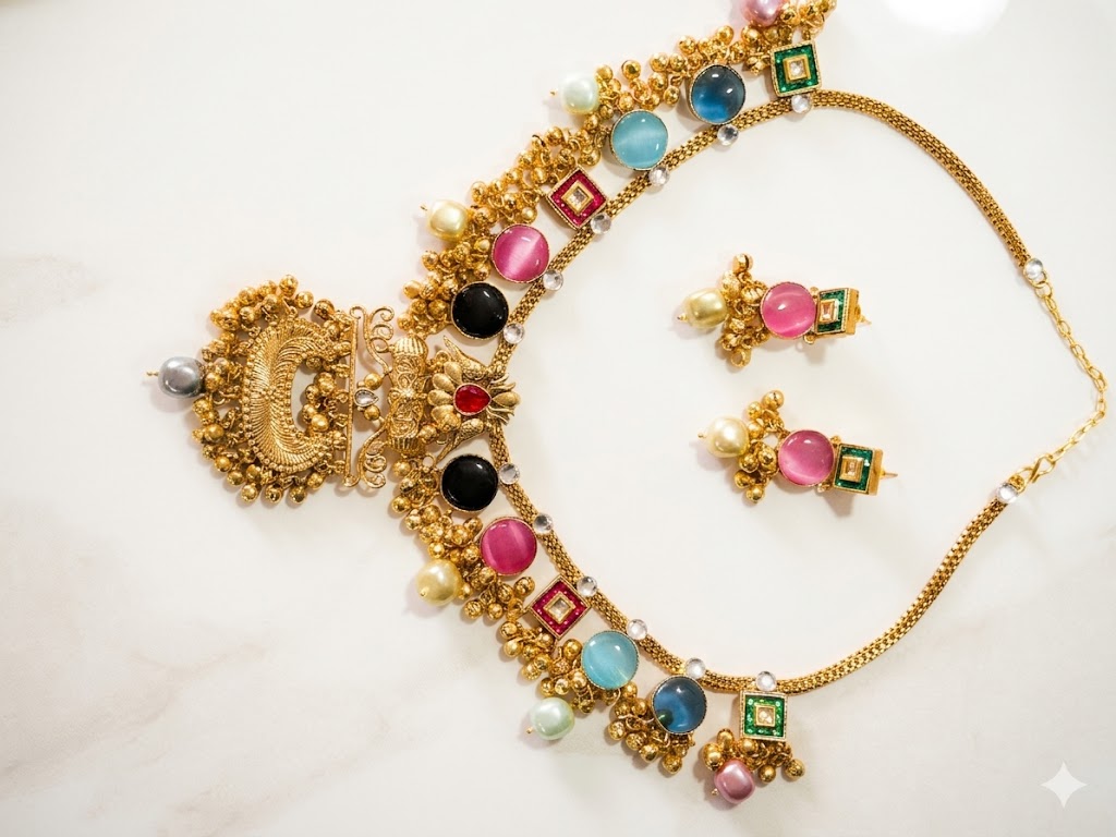 Navratna-Inspired Multistone Ethnic Necklace Set MN 83