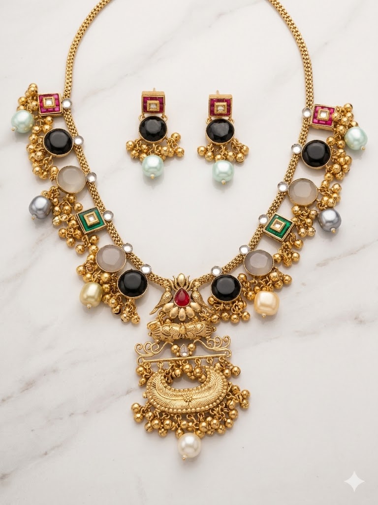 Navratna-Inspired Multistone Ethnic Necklace Set MN 83