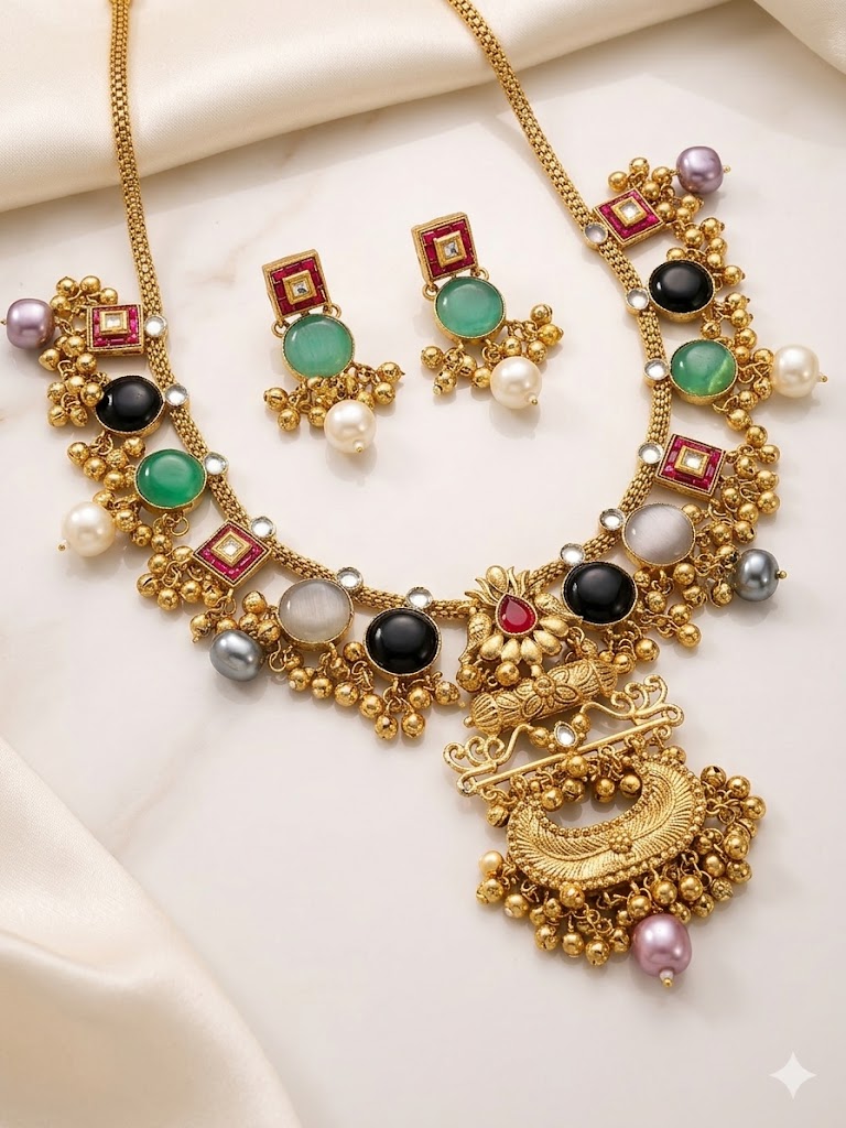 Navratna-Inspired Multistone Ethnic Necklace Set MN 83
