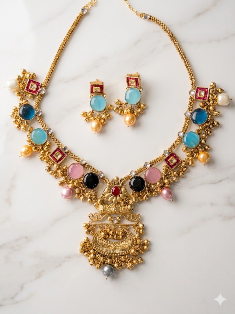 Navratna-Inspired Multistone Ethnic Necklace Set MN 83